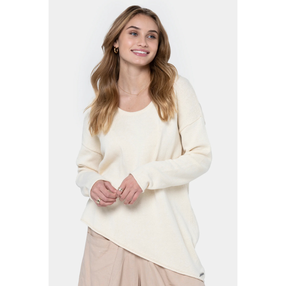 PEACE LOVE WORLD Boheme Asymmetrical Hem Sweater Cream Drop Shoulder Women's L